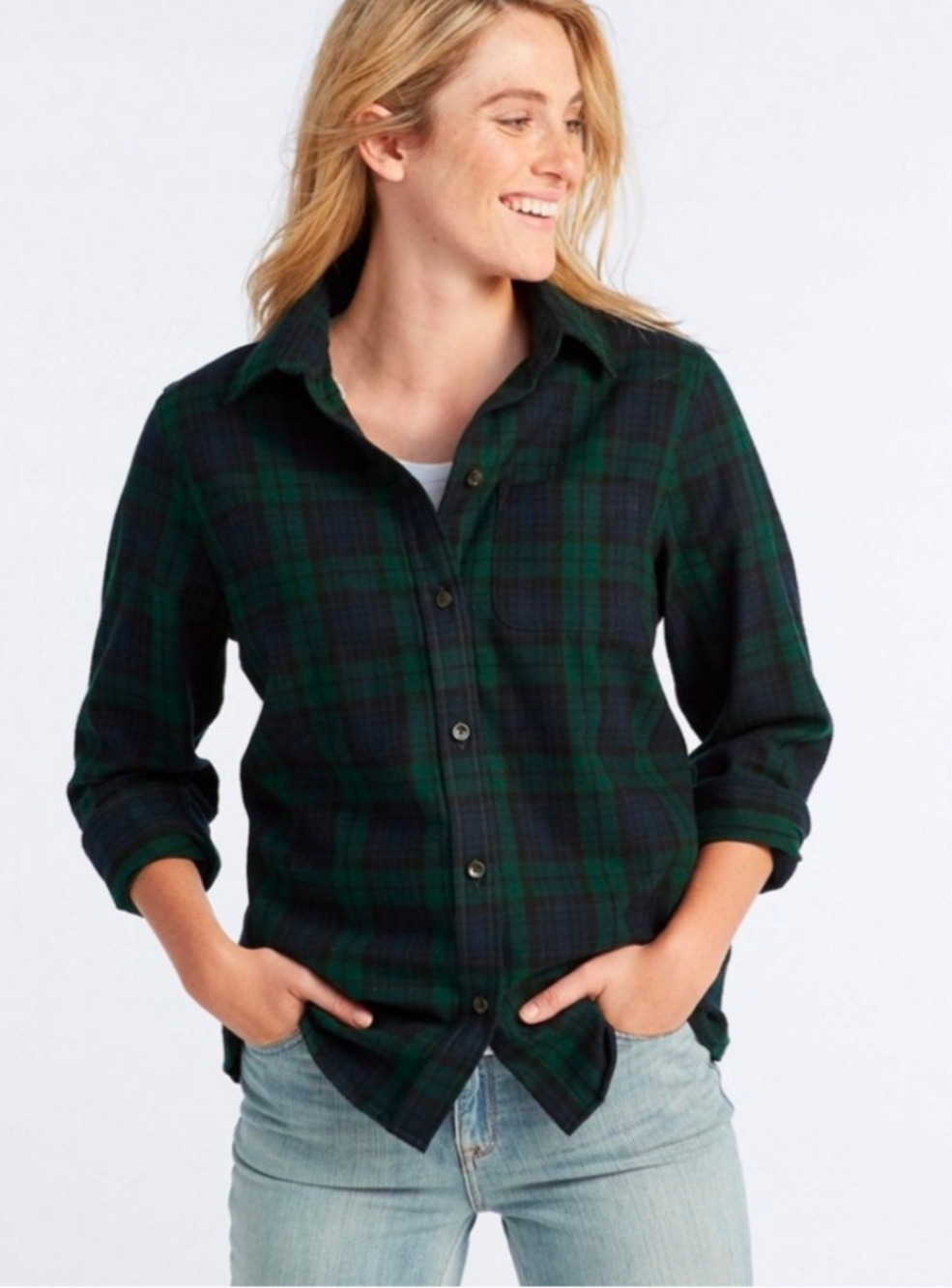 L.L. Bean Blue Green Plaid Relaxed Fit Flannel Shirt Size XS Tall